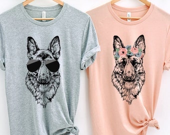 German Shepherd Shirt, Floral or Sunglasses Dog Tshirt, Tee for GSD mom, Dog dad, Gift for Dog Lovers, Unisex Adult Boy Girl Kids Baby Shirt