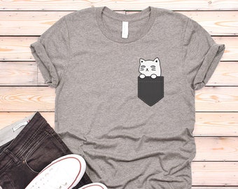 Cat Pocket T-shirt, Cat Shirt, Cat Unisex Tshirt, Funny Cat Kitten Shirts, Women T shirt Cat Gifts