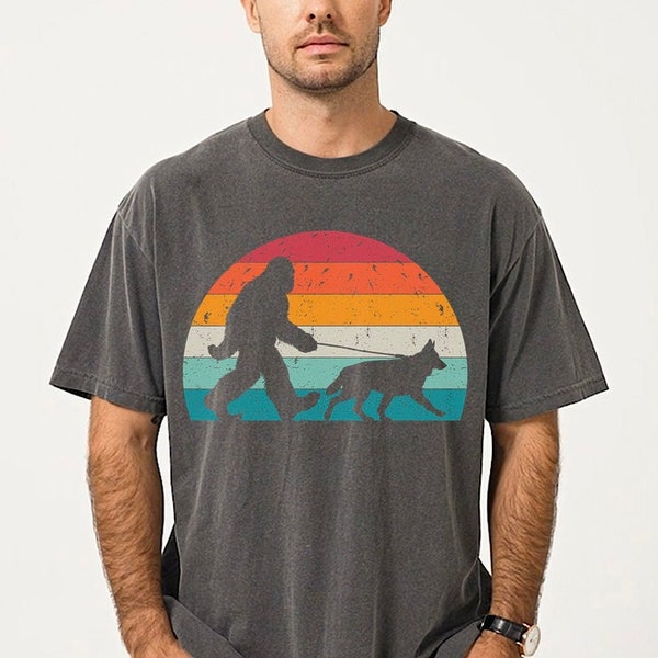 Funny Bigfoot German Shepherd Shirt, GSD Dog Dad Gift, Retro Comfort Colors Dog Shirt, Bigfoot Walking a Dog Tshirt, Alsatian Sasquatch Tee