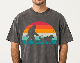 Funny Bigfoot Golden Retriever Shirt, Dog Dad Gift, Retro Comfort Colors Dog Shirt, Bigfoot Walking a Dog Tshirt, Golden Dog Lover Gift Tee