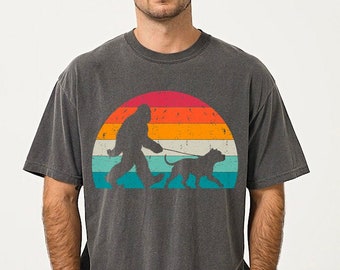 Funny Bigfoot Pit Bull Shirt, Pittie Dog Dad, Pitbull Lover Gift, Bigfoot Walking a Dog Tshirt, Retro Comfort Colors Dog Shirt Sasquatch Tee