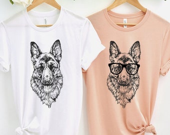 German Shepherd Shirt, Nerdy Glasses Alsatian Tee T-Shirt, Hipster Dog Tshirt, Dog Dad Mom Mama Gift, German Shepherd Mom Shirt Gifts