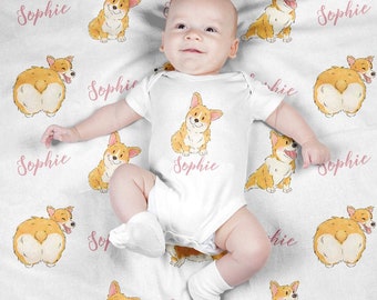 Personalized Baby Blanket, Custom Swaddle Blanket Set, Corgi Newborn Photo Prop, Cute Dog Swaddle Set for Boy, Girl