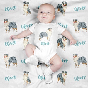 Personalized Baby Blanket, Custom Swaddle Blanket Set, Australian Shepherd Newborn Photo Prop, Cute Dog Swaddle Set for Boy, Girl
