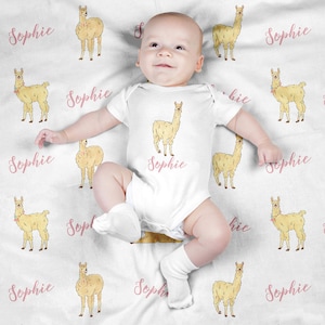 Personalized Baby Blanket, Custom Swaddle Blanket Set, Llama Newborn Photo Prop, Cute Baby Animal Swaddle Set for Boy, Girl
