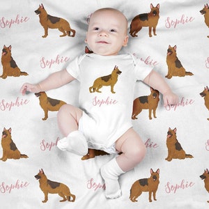 Personalized Baby Blanket, Custom Swaddle Blanket Set, German Shepherd Newborn Photo Prop, Cute GSD Alsatian Dog Swaddle Set for Boy, Girl