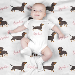 Personalized Baby Blanket, Custom Swaddle Blanket Set, Dachshund Newborn Photo Prop, Cute Doxie Weenie Wiener Dog Swaddle Set for Boy, Girl