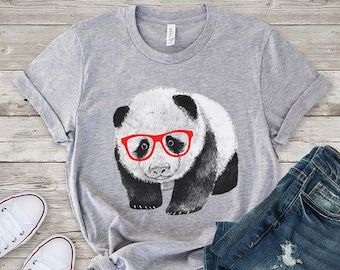 Hipster Panda Bear T-shirt, Funny Nerdy Glasses Panda Tee Shirts, Heather Animal Tshirt, Animal Lover Gift, Gift for her, Nerd Gifts