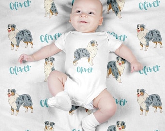 Personalized Baby Blanket, Custom Swaddle Blanket Set, Australian Shepherd Newborn Photo Prop, Cute Dog Swaddle Set for Boy, Girl