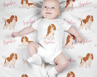 Personalized Baby Blanket, Custom Swaddle Blanket Set, Cavalier King Charles Spaniel Newborn Photo Prop, Cute Dog Swaddle Set for Boy, Girl