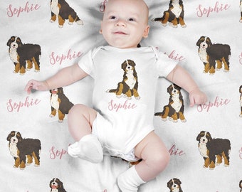 Personalized Baby Blanket, Custom Swaddle Blanket Set, Bernedoodle Newborn Photo Prop, Cute Dog Swaddle Set for Boy, Girl