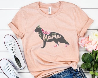 German Shepherd Mama  T-shirt, Dog Mom Tshirt, Floral Dog Silhouette Heather Tee Shirts, Dog Mom Gift, GSD German Shepherd Mom Gifts