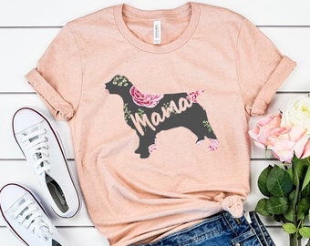 English Springer Spaniel Mama  T-shirt, Dog Mom Tshirt, Floral Dog Silhouette Heather Tee Shirts, Dog Mom Gift Springer Spaniel Mom GIft