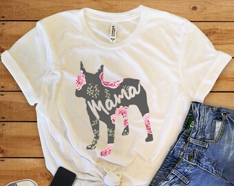 Boston Terrier Mama  T-shirt, Dog Mom Tshirt, Floral Dog Silhouette Heather Tee Shirts, Dog Mom Gift, Boston Terrier Mom Gifts