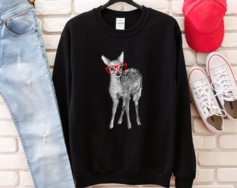 Hipster Deer Sweatshirt, Glasses Nerdy Deer Hoodie, Unisex Animal Crewneck Sweatshirts, Animal Sweater, Fawn Deer Gifts, Nerd Gift
