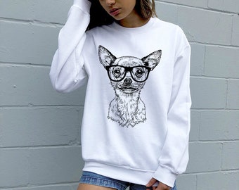 New Men/'s Nerd Chihuahua Black Grey Raglan Hoodie Sweater Hipster Dog Glasses