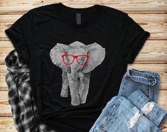 Hipster Elephant T-shirt, Funny Nerdy Glasses Elephant Tee Shirts, Heather Safari Animal Tshirt, Animal Lover Gift, Gift for her, Nerd Gifts