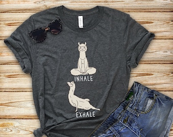 Inhale Exhale Llama Yoga T-shirt, Heather llama Tshirt, Funny Animal Tee Shirts, Yoga lover Gift, llama Gift, Yoga Instructor gift