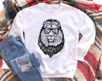 Lion Sweatshirt, Hipster Lion Animal Hoodie, Glasses Nerdy Safari Animal Unisex Crewneck Sweatshirts, Sweater, Animal Gift