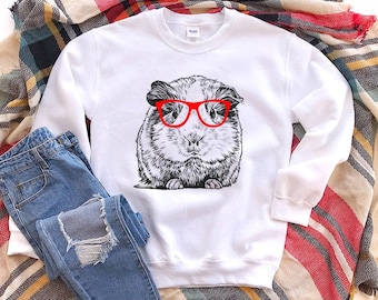 Guinea Pig Sweatshirt, Hipster Guinea Pig Hoodie, Glasses Nerdy Animal Unisex Crewneck Sweatshirts, Sweater, Guinea Pig Mom Gifts