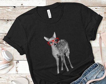 Hipster Deer T-shirt, Funny Nerdy Glasses Fawn Tee Shirts, Heather Woodland Animal Tshirt, Animal Lover Gift, Gift for her, Nerd Gifts