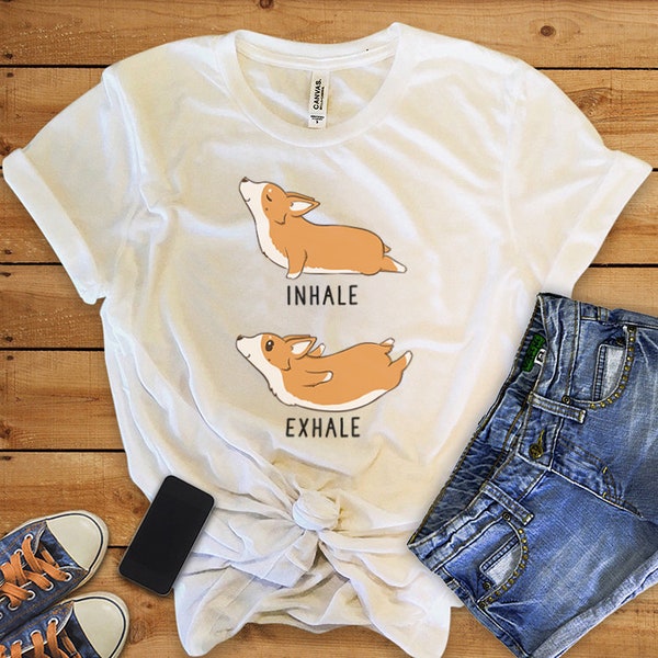 Inhale Exhale Corgi Yoga T-shirt, Heather Dog lovers Tshirt, Funny Dog Tee Shirts, Yoga lover Gift, Corgi Gift, Dog Mom Shirt
