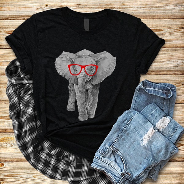 Hipster Elephant T-shirt, Funny Nerdy Glasses Elephant Tee Shirts, Heather Safari Animal Tshirt, Animal Lover Gift, Gift for her, Nerd Gifts