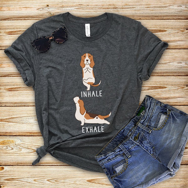 Inhale Exhale Basset Hound Yoga T-shirt, Heather Dog lovers Tshirt, Funny Dog Tee Shirts, Yoga lover Gift, Basset Hound Gift, Dog Mom Shirt