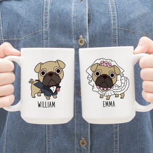 Personalized Bride and Groom Pug Mugs, Custom Name Coffee Mug, Dog Couple Mug, Newly Wed Mug, Valentine Engagement Gift Wedding Gift