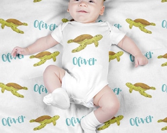 Personalized Baby Blanket, Custom Turtle Swaddle Blanket Set, Newborn Photo Prop, Cute Baby Sea Ocean Animal Swaddle Set for Boy, Girl