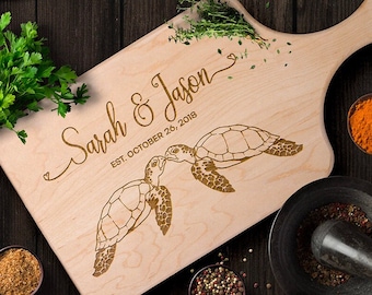 Personalized Cutting Board, Custom Sea Turtle Wood Cutting Board, Newlywed Wedding Gift, Valentine Anniversary Housewarming Gifts