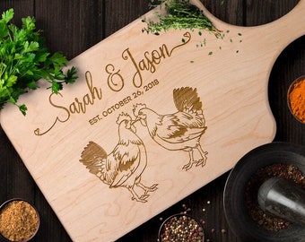 Personalized Cutting Board, Custom Chicken Wood Cutting Board, Farm Animal Newlywed Wedding Gift, Valentine Anniversary Housewarming Gifts