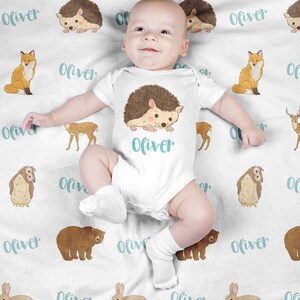 Personalized Baby Blanket, Custom Woodland Animal Swaddle Blanket Set, Newborn Photo Prop, Cute Baby Animal Swaddle Set for Boy, Girl