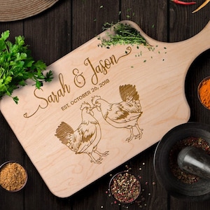 Personalized Cutting Board, Custom Chicken Wood Cutting Board, Farm Animal Newlywed Wedding Gift, Valentine Anniversary Housewarming Gifts