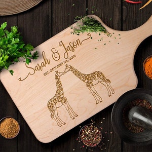 Personalized Cutting Board, Custom Giraffe Wood Cutting Board, Newlywed Wedding Gift, Valentine Anniversary Housewarming Gifts