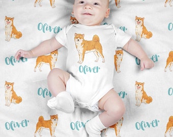Personalized Baby Blanket, Custom Shiba Inu Swaddle Blanket Set, Newborn Photo Prop, Cute Dog Swaddle Set for Boy, Girl, Baby Shower Gift