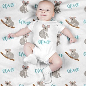 Personalized Baby Blanket, Custom Koala Swaddle Blanket Set, Newborn Photo Prop, Cute Baby Animal Swaddle Set for Boy, Girl