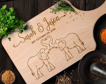 Personalized Cutting Board, Custom Elephant Wood Cutting Board, Newlywed Wedding Gift, Valentine Anniversary Housewarming Gifts