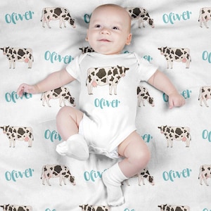 Personalized Baby Blanket, Custom Cow Swaddle Blanket Set, Newborn Photo Prop, Cute Baby Farm Animal Swaddle Set for Boy, Girl
