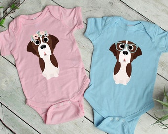 Floral Saint Bernard Baby Bodysuit, Nerdy St Bernard Dog Baby Bodysuit, Baby Girl Long Sleeve Baby Bodysuit, Baby Shower Gift Announcement