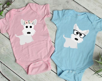 Floral West Highland White Terrier Baby Bodysuit, Nerdy Westie Dog Long Sleeve Baby Bodysuit, Baby Girl Boy Shower Gift Announcement