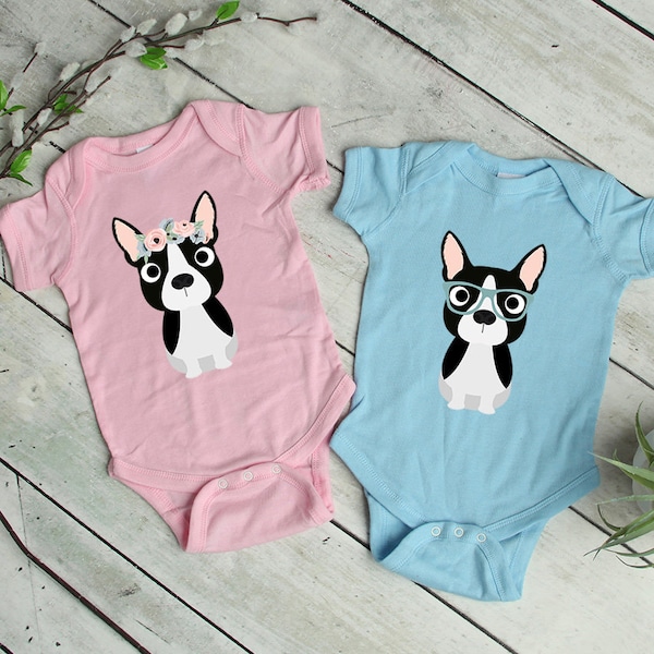 Floral Boston Terrier Baby Bodysuit, Nerdy Dog Baby Bodysuit, Baby Boy Baby Girl Long Sleeve Baby Bodysuit, Baby Shower Gift Announcement