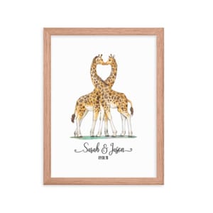 Giraffe Wall Art, Custom Name Print, Personalized Couple Wedding Decor, Animal Sign, Newlywed Gift, Poster, Valentine Housewarming Gift