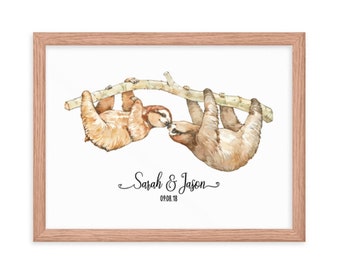 Sloth Wall Art, Custom Name Print, Personalized Couple Wedding Decor, Animal Sign, Newlywed Gift, Poster, Valentine Housewarming Gift