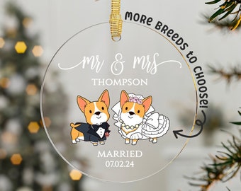 Custom Dog Breed Married Ornament, Personalized Marry Wedding Ornament Gifts Christmas Mr and Mrs Decorative ornament 2024 Dog Newlywed Gift