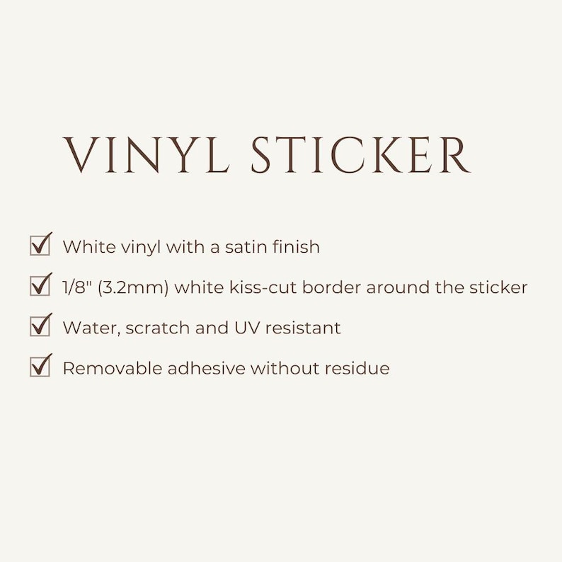 Op de afbeelding: Witte vinyl sticker met een satijnen afwerking. Voorzien van een 3,2 mm witte kiss-cut rand. Water-, kras- en UV-bestendig, met verwijderbare lijm.