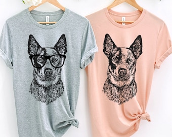 Heeler Shirt, Nerdy Glasses Australian Cattle Dog Tee T-Shirt, Hipster Dog Tshirt, Nerd Dog Dad Mom Mama Gift, Blue Heeler Mom Shirt Gifts