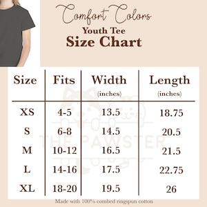 May include: Size chart for youth t-shirts in sizes XS to XL. The chart shows the size, the age range it fits, the width in inches, and the length in inches.