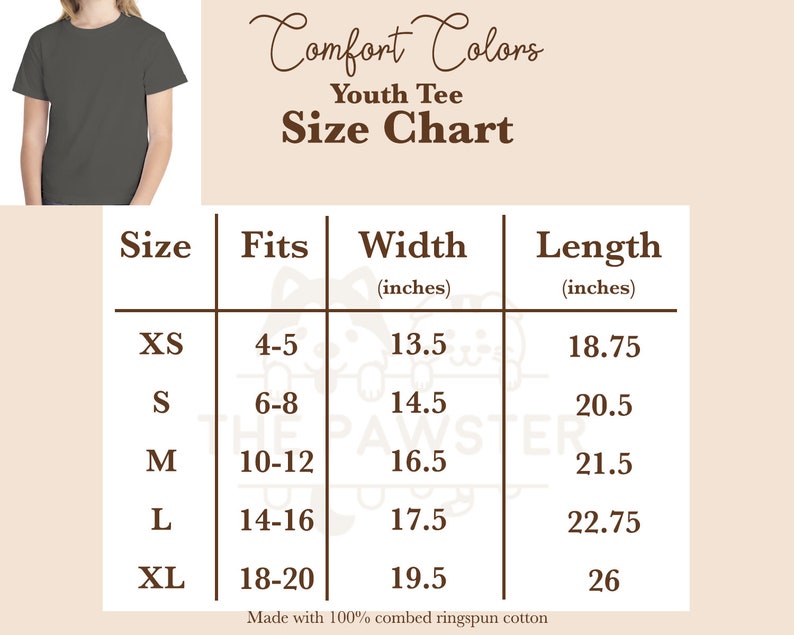 May include: Size chart for youth t-shirts in sizes XS to XL. The chart shows the size, the age range it fits, the width in inches, and the length in inches.
