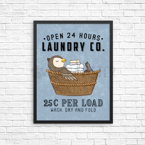 Owl Laundry Sign, Animal Laundry Room Decor, Wash Dry Fold Wall Art Print, Farmhouse Sign, Vintage Poster Laundry Co Wall Decor